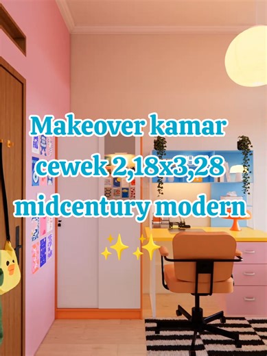 makeover kamar cewek berukuran 2,18x3,28 meter dengan tema midcentury modern full color✨ semua barang dari marketplace💯 Project : Makeover kamar Client : Mrs.A Lokasi : Jakarta Selatan butuh jasa desain kantong friendly?? Dm aja~ #midcenturymodern #roommakeover #kamarcewek