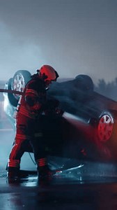 Vertical Screen: Team of Firefighters Battle Fire in an Overturned Car, Using Water to Control the Flames. Emergency Vehicles and Responders Ensure Safety at the Late Evening Traffic Accident