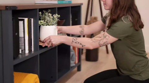 Joaxswe 8 Cube Book Shelf, Farmhouse Wood Long Storage Organizer Bookcase, 62" Horizontal Navy Blue Console Closet Bookshelf, Hallway TV Stand for Entryway, Display Cabinet Book Case for Living Room