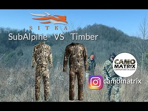 Compare hunting camo patterns Sitka SubAlpine Vs Sitka Timber with deer vision and 14 backgrounds