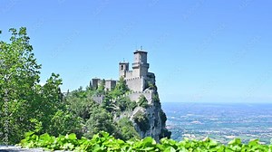 San Marino city view. Fortress on the rock. San Marino landmark. Italy. Fortress Guaita on Mount Titano is the most famous tower