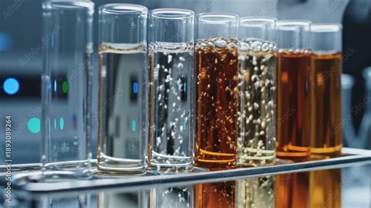 Seven test tubes with liquids in varying hues held in a metal rack against a blurred lab backdrop