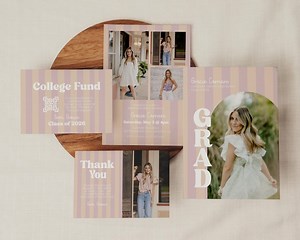 Girly Graduation Invitation Bundle Template, Photo Grad Party Set With QR Code, Editable Canva Grad Suite, Pink Stripe Graduation Invite Set - Etsy UK