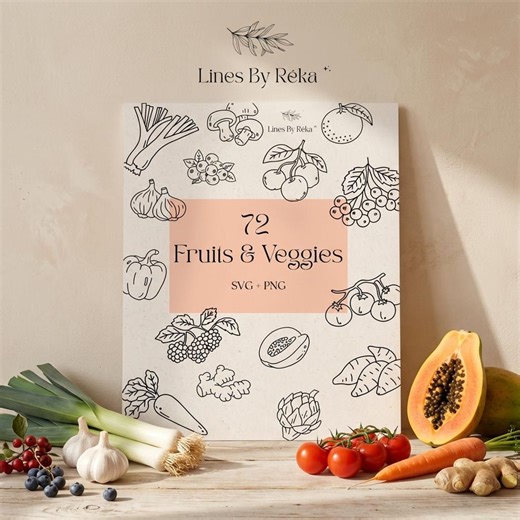 72 Fruits & Vegetables SVG-PNG Bundle, Hand Drawn Food Illustrations, Minimal Line Art (digital Download) - Etsy