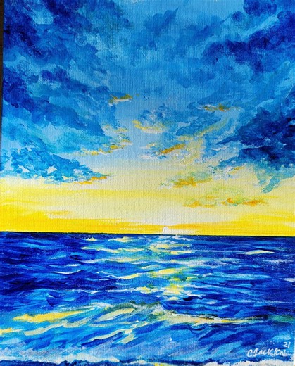 Blue Beach Sunset Painting Wall Decor Original - Etsy