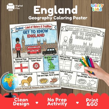 England Country Study | Geography Coloring Poster | United Kingdom | London UK