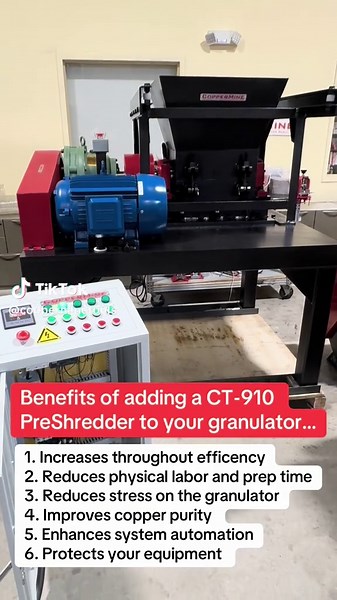 Thinking about upgrading your copper granulator setup? Here’s why adding a preshredder is a game changer: ✅ Faster processing ✅ Less wear on your granulator ✅ Higher output, less downtime ✅ Handles tough material with ease If you’re serious about boosting efficiency and profit, this is the move! Contact CopperMine today for pricing and availability. #CopperRecycling #GranulatorUpgrade #Preshredder #ScrapLife #WireStripping #RecyclingEquipment #CopperRecovery #MetalRecycling #EfficiencyMatters #S