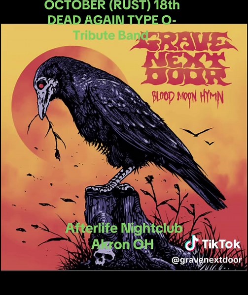 Saturday October 18th we have the honor of opening for Dead Again - Type O Negative Tribute band at Club Afterlife in Akron OH. This is a rad venue! Also there will be an official Type O Negative Pop Up Store at the venue before the show! Come on out for what is definitely going to be a great night! #blackdoombarecords #gravenextdoor #AkronEvents #doommetal #typeonegativeforever @Type O Negative Tribute Band @blackdoombarecords @Diemond Star Drumsticks @Salerno G Tony @Ben Keyes