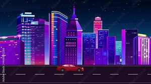 Retro and Futuristic Seamless Car Loop Animation 4K with Beautiful Building and Glowing blinking lights. Modern seamless loop gradient animation in night