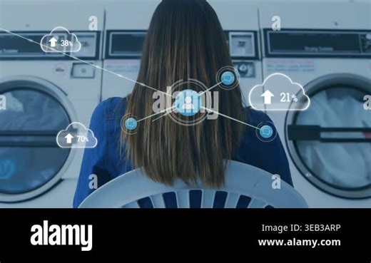 Animation of network of connections with clouds over back view of woman at laundry. global network, connections, cloud computing and lifestyle concept digitally generated video Stock Video Footage - Alamy