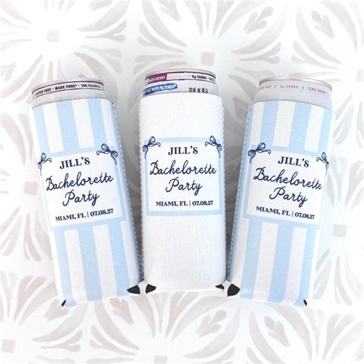 Personalized Beach Bachelorette Can Cooler – Coastal Bridal Party Favor – Custom Drink Holder - STRIPES - Etsy