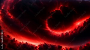 Looped seamless animation with fire flames, smoke, steam, fog, gas, cloudscape on black background. Footage with lava flowing over rocks against a burning steaming hot landscape.