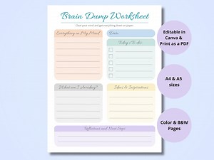 Brain Dump Worksheet Printable | Pastel, Black and White | Editable Canva Template (A4 & A5) - Etsy Australia