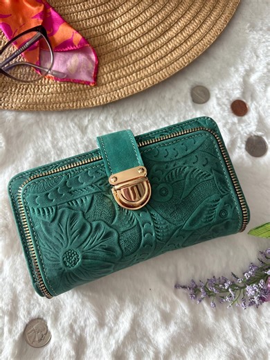 Teal Embossed Leather Wallet for Women – Authentic Mexican Leather Zip Around Clutch, Floral Tooled Wallet - Etsy