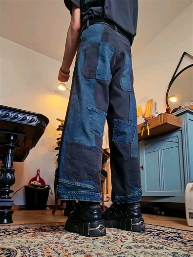 Turning two jeans into one. Dark green × black. Curved pockets. Every piece rebuilt from scratch. #upcycle #customjeans #fashiondesign #streetwear #reworked