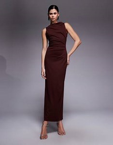 ASOS DESIGN slash neck ruched midi dress in chocolate | ASOS