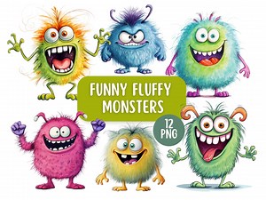 Funny Fluffy Monster Clipart Bundle 12 PNG | Cute Cartoon Monsters | Quirky, Colourful Monster Graphics | Children's Printable Clipart - Etsy