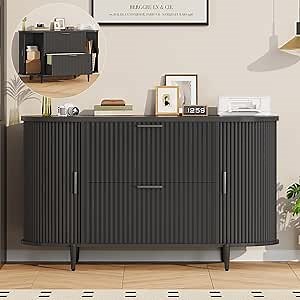 SEDETA 39.4" Filing Cabinet for Home Office, 2 Drawer File Cabinet, fit Legal/Letter/A4 Size, Modern Fluted Filing Cabinets with 2 Sliding Door Storage, Printer Stand, Black