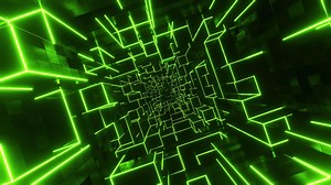 Flying through a tunnel of green neon cubes. Infinitely looped animation