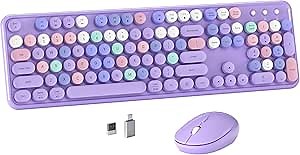 Colorful Wireless Computer Keyboard and Mouse Combo with Round Typewriter Keycaps, Retro Design, Power Switch, Ergonomic Design, 2.4GHz Wireless for Windows, Mac, PC(Purple-Colorful)