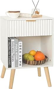 White Nightstand, Modern Bedside Table with Drawer and Opening Storage, Fluted End Side Table Living Room with Solid Wood Legs for Bedroom (White)