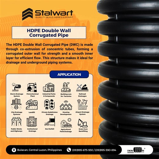 Invest in the future of your infrastructure with Innotech HDPE Pipe Double Wall Corrugated pipes, engineered for decades of reliable piping system performance. ✅ Leak-free ✅ Extremely Durable ✅ Cost Effective ✅ Designed to Last ✅ Chemically Inert Inquire Now! 📞: (09)995-675-930 | (09)995-590-894 | (02) 88242374 📧: sales@stalwart-psii.com 📍: Pandi, Bulacan #stalwart #StalwartSyntheticProducts #HDPE #HDPEpipe #HDPEDoubleWall #doublewallcorrugated #Durable #buildingproducts #ConstructionMaterial
