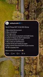 1. Get term life insurance (12x your income) 2. Save cash monthly for future vacations 3. Buy a less expensive option with cash 4. Pay credit cards in full every month 5. Invest in low cost index funds 6. Do a budget and spend less than you make 7. Buy a used car with cash 8. Invest 10% or less in alternative investments 9. Buy a home that is 25% or less of income 10. Get a side hustle and pay off debt Want to improve your finances? See below 👇 Comment the word CHECKLIST and I will send you my 