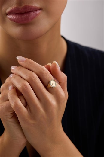 14K Gold Initial Diamond Signet Ring Minimal Letter Ring - Etsy