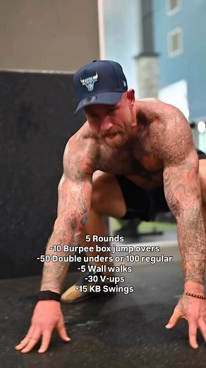 11K views · 172 reactions | I enjoyed this one 掠 5 Rounds: -10 Burpee box jump overs -50 Double unders or 100 regular jump rope -5 wall walks -30 V-ups -15 KB Swings Tag a friend you want to hit this one with! ✊ #fitness #gym #crossfit #workout #exercise #fitnesstrainer | Kevin Clark | Facebook