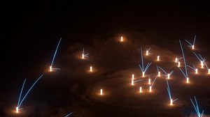 Network Blue Neon Trails Emerges Glowing Nodes Dark Terrain Animation