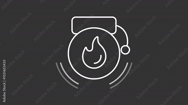 Fire alarm white line animation. Smoke detector animated icon. Ringing, shaking. Emergency warning, alert. Isolated illustration on dark background. Transition alpha video. Motion graphic