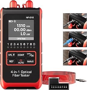 4-in-1 Mini OTDR Fiber Optic Tester – NF-916 Optical Power Meter + 10mW VFL Visual Fault Locator, OPM, FC/SC/ST Ports, USB-C Rechargeable Portable Fiber Cable Tester