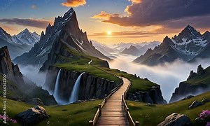 Aerial time-lapse of Scenic mountain valley at sunrise with wooden pathway leading through lush green landscape