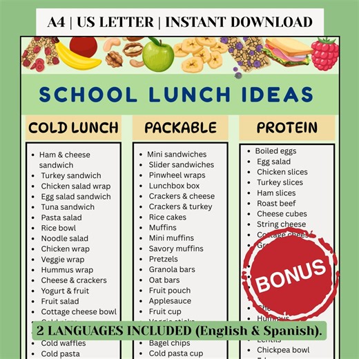 School Lunch Ideas Chart Printable, Kids Lunchbox Ideas, Cold Lunch and Packable Meals Guide, English Spanish PDF Download - Etsy