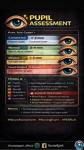 🧠 Pupil Assessment Made Simple! Knowing pupil size and reaction can save lives in neuro emergencies. Remember PERRLA and always look for red flags like fixed, unequal, or pinpoint pupils. 👉 Nurses & students, save this for quick revision! #PupilAssessment #NeuroAssessment #NursingStudy #PERRLA #NurseEducation #MedicalNotes #EmergencyNursing #NurseLife #ClinicalSkills #NursingStudents | NurseXpert
