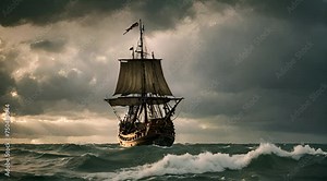 Abstract animation of a ship sailing in bad weather. Sail, sea, captain, pirate, deck, mast, ocean, frigate, journey, helm, anchor, water, sailor, waves. Generated by AI