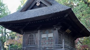 A traditional Shinto temple building in Tokyo. The architecture of the enclosure is very detailed, and the maple trees are planted so that their color in autumn makes the temple stand out.