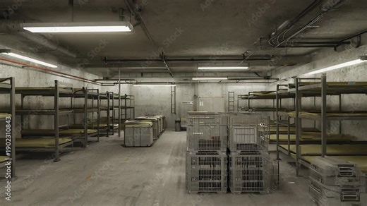 Industrial Warehouse Storage: Stacked Plastic Crates and Metal Racks in a Clean, Modern Distribution Center.