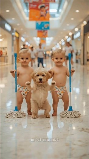 Mall’s Cutest Cleaners 😂 Twin Babies & Puppy on Mop Duty!