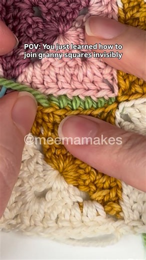 Meema Makes | Crochet Patterns & Tutorials on Instagram: "Seaming granny squares like this feels like magic! This method gives a completely invisible seam with neat edges and ultra sharp corners. Full tutorial on my channel. Pattern: Imagination Quilt by Meema Makes Yarn: Plush DK from @skeinandthestitch #crochettips #crochethacks #crochettutorial #crocheting #grannysquares #grannysquareblanket #imaginationquilt #imaginationcal #crochetalong"