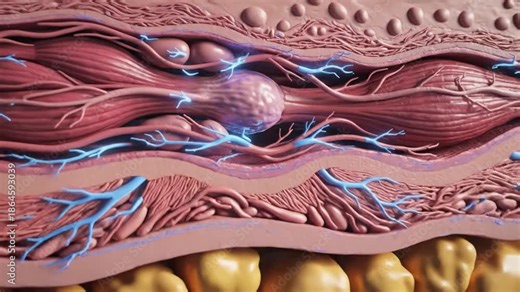 Detailed 3D Animation of Human Skin Layers, Epidermis, Dermis, and Subcutaneous Tissue Anatomy