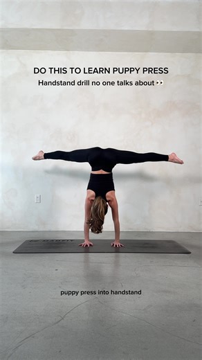 working on puppy press or just want to feel more confident upside down? this handstand drill (think baby cartwheels up and down your mat) is one of my favorites for: ✨ learning to stack hips over shoulders ✨ building control   strength for puppy press ✨ practicing how to safely fall out of a handstand with control add this to your inversion practice if you’re ready to level up! 🚀