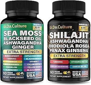 Shilajit and Sea Moss Combo - Sea Moss and Shilajit Bundle with Ashwagandha, Black Seed, Turmeric, Bladderwrack, Burdock, Black Pepper with Vitamins and Antioxidants - 120 Veggie Capsules