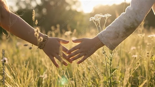 Golden hour sunlight bathes a field of tall grass as two pairs of hands reach out to connect creating a warm and intimate moment of embrace against nature s beauty