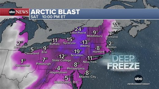 As a major arctic blast makes its way into the Northeast, 60 million are under alerts – including an extreme cold watch for New York City, Philadelphia and DC, where wind chills are expected to dive below zero. Lee Goldberg has the track. https://abcnews.link/PJQ0rre | ABC World News Tonight with David Muir
