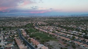 Drone video of Sun City Summerlin in Las Vegas, Nevada, just before the sunset.