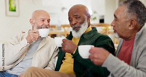 Men, coffee or senior friends in retirement, discussion or conversation for support or bond together. Smile, mature or old people in home talking or speaking of memory to chat or relax with tea drink