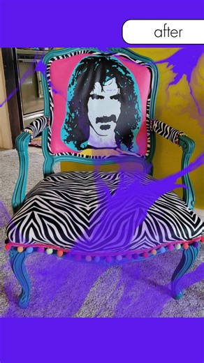 From ordinary to iconic 🎶🎨 This side chair is a Frank Zappa tribute, featuring hand-painted pop art of the legend, paired with zebra-print upholstery on the arms and seat, finished with vibrant multicolor pom-pom trim. A fearless blend of music, art, and design. DM to purchase or learn more. #StatementFurniture #CustomUpholstery #ArtFurniture | Shelly Bird Custom Interiors and Design