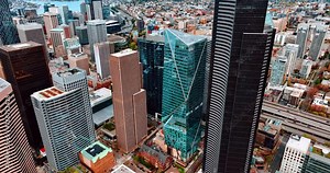 Gorgeous skyscrapers in the center of Seattle, Washington, United States. City view with low-rise architecture at backdrop.