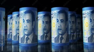 Morocco money. Moroccan Dirham rolls loop 3d animation. Camera moving in front of the MAD rolling banknotes. Seamless loopable concept of economy, finance, business and debt.